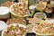 Catering, food service company four photos collage for food service advertising, lots of tasty food and appetizers, smorgasbord