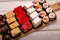 Catering sweets, closeup of various kinds of cakes on event or w