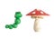 Caterpillar and amanita molded from plasticine kid isolated on white background. Caterpillar and mushroom mushroom from plasticine