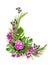 Catharanthus flowers and bougainvillea with palm leaves and butterflies in a corner tropical arrangement