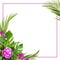 Catharanthus flowers and bougainvillea with palm leaves in corner tropical arrangement with frame