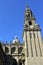 Cathedral. Baroque clock tower in romanesque facade. Santiago de Compostela, Spain. Platerias Square, clean stone, sunny day.