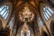 cathedral ceiling with ornate chandelier hanging