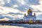 The Cathedral of Christ the Saviour. the symbol of Orthodox church in Russia in the rays of setting sun