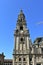 Cathedral. Clock tower closeup, Quintana Square. Clean stone, sunny day. Santiago de Compostela, Spain.