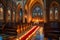 Cathedral Interior Bathed in the Warm Glow of Candles During a Religious Ceremony with Intricately Carved Details