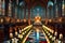 Cathedral Interior During a Candlelit Mass, Altar Adorned with White Lilies, Congregation in Solemn Reflection