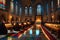 Cathedral Interior During a Candlelit Midnight Mass, Congregants Gathered in Solemn Prayer, Stained Glass Elegance