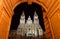 Cathedral at night from Town Hall arch, Palacio de Rajoy. Baroque facade and towers. Santiago de Compostela, Spain.