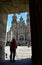 Cathedral with pilgrims taking pictures at final stage of Camino de Santiago famous pilgrimage. Santiago de Compostela, Spain.