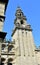Cathedral, Platerias romanesque facade, baroque clock tower and streetlight. Santiago de Compostela, Spain.