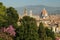 Cathedral of Santa Maria del Fiore in Florence as seen from Bardini Garden during Spring Season with blooming Trees.