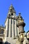 Cathedral, Santiago de Compostela, Spain. Baroque Clock Tower and fountain with horses. Plaza de las Platerias.