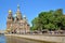 The Cathedral of the Savior on blood and trade fair on the embankment of Kanal Griboedova in the summer