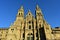 Cathedral with sunset light and clean stone. Obradoiro Square, baroque facade and towers. Santiago de Compostela, Spain.