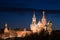 The Cathedral of Vasily the Blessed and Spasskaya tower at night. Moscow, Russia