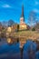 Cathedral in Vasteras viewed behind river Svartan, Sweden