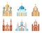 Cathedrals and churches set of colorful icons. Religious architectural buildings.
