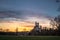 catholic church, st. lubentius, dietkirchen limburg an der lahn hesse germany, sunset over field and the church on a rock