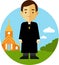 Catholic priest on church background in flat style