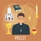 Catholic priest with religious symbols, flat style