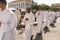 Catholic priests participate in the corpus christi procession in the streets of Pelourinho, Salvador, Bahia