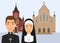 Catholic religion vector illustration. Pastor character and catholic nun with cross and cathedral or church isolated on