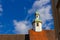 catholich church with blue yellow facade on blue sky