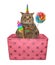 Caticorn beige with candy in pink gift box