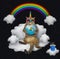 Caticorn eats blue donut on cloud