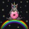 Caticorn gray sits on rainbow with donut