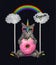 Caticorn gray sits on swing with donut