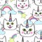 Caticorn and rainbow allover seamless repeat pattern