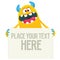 Catoon monster holding blank sign with sample message on it. Vector illustration isolated