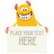 Catoon monster holding blank sign with sample message on it. Vector illustration isolated