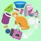 Cats accessories vector illustration. Animal supplies, food and toys for cats, toilet, carrier and equipment for