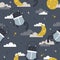 Cats - astronauts, moon, clouds and stars, colorful seamless pattern. Decorative cute background with animals and sky