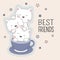 Cats best friends sitting in blue cup of coffee Isolated on pink background