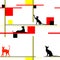 Cats in different poses, silhouettes. Seamless pattern. The cat lies, sits, stretches its back, hisses, plays, walks. Graceful