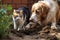 cats and dogs with dirty paws digging in the garden