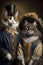 Cats dressed in vintage clothes in Victorian style, portrait in the style of the 19th century, funny cute cats in human clothes.