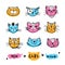 Cats faces, cat doodle. Hand drawn cats icons collection, Cartoon comic cute kittens. Vector illustration