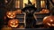 cats in Halloween costumes on the stairs, Halloween, trick or treats, Jack-o\\\'-lantern, glowing pumpkins