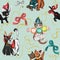 Cats hugging in Christmas costumes. Seamless pattern