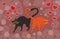 Cats in love cuddled tails heart shape on a festive background.