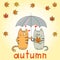 Cats in love under an umbrella. Autumn card template.