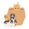 Cats make me happy, cat in basket and kittens sitting cartoon