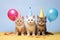 Cats with party hats and balloons celebrate life on blue and yellow background. Generative AI