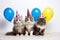 Cats with party hats and balloons celebrate life on white background. Generative AI