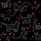 Cats pattern black. wall-paper, group of different cats on a black background in different poses with hearts